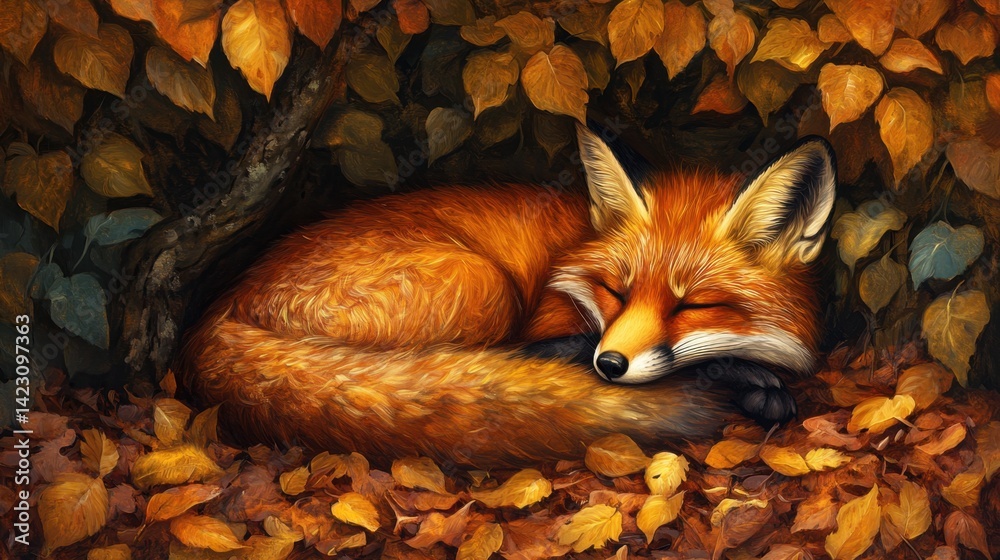 Fototapeta premium Cozy fox nestled in a pile of vibrant autumn leaves enjoying a peaceful slumber amidst nature's beauty