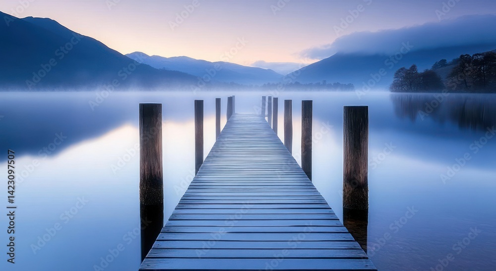 Naklejka premium A wooden pier extends into a tranquil lake with mountains and mist
