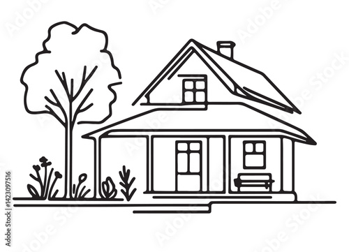 Cozy house outline drawing with tree landscape illustration design