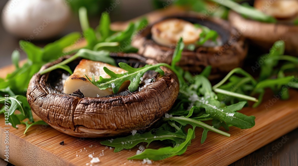 Wooden cutting board with three stuffed mushrooms on it. the mushrooms are dark brown in color and have a crispy texture. Wooden cutting board with three stuffed mushrooms on it. the mushrooms are dark brown in color and have a crispy texture.