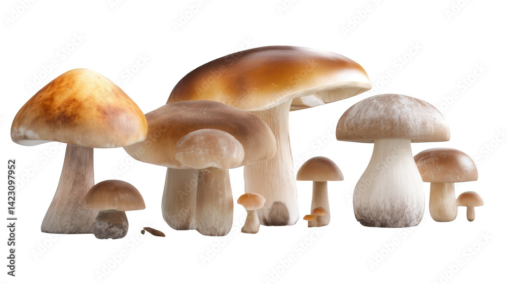 Realistic Group of Forest Mushrooms in Various Sizes Transparent Background Realistic Group of Forest Mushrooms in Various Sizes Transparent Background