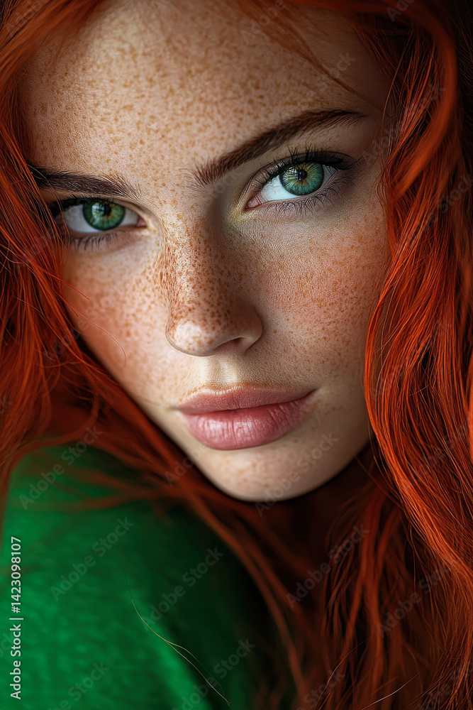 A woman with fiery red hair and freckles gazing thoughtfully, her natural beauty glowing softly under rainy-day light