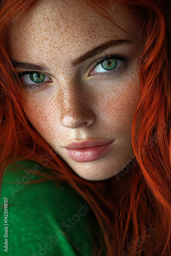 Obraz na płótnie A woman with fiery red hair and freckles gazing thoughtfully, her natural beauty glowing softly under rainy-day light w salonie