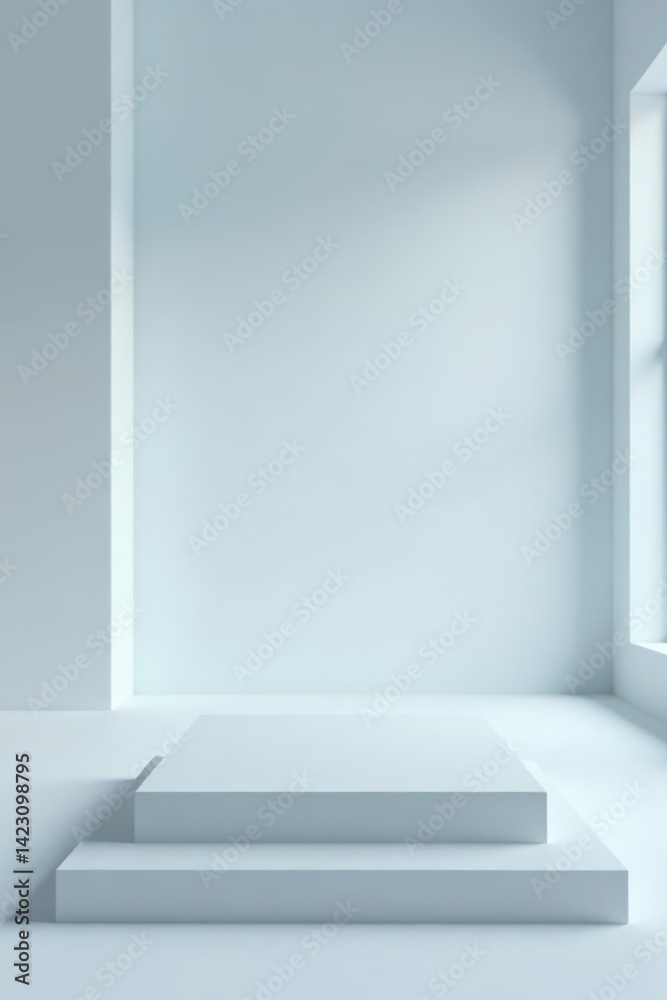 Minimalist Two-Tiered Platform in a Light-Filled Room, Ideal for Product Showcases or Abstract Composition Minimalist Two-Tiered Platform in a Light-Filled Room, Ideal for Product Showcases or Abstract Composition