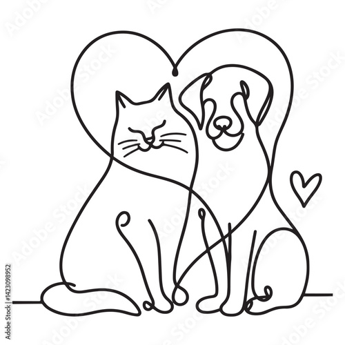 Loving Cat and Dog Silhouette Heart Line Art Pets Illustration