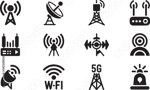 Communication Tech Silhouette Vector Set with Antenna WiFi Icons in Black Minimal Style