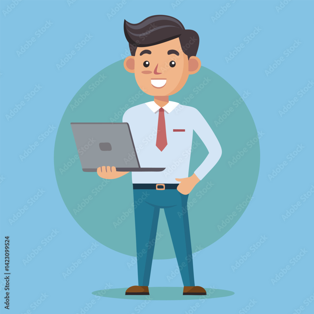 Young Man Using Laptop Concept Vector Illustration Young Man Using Laptop Concept Vector Illustration