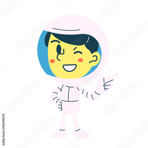 Cartoon astronaut kid pointing with a cheerful smile. Great for educational illustrations, children’s science projects, playful space themes, or cosmic storytelling adventures.