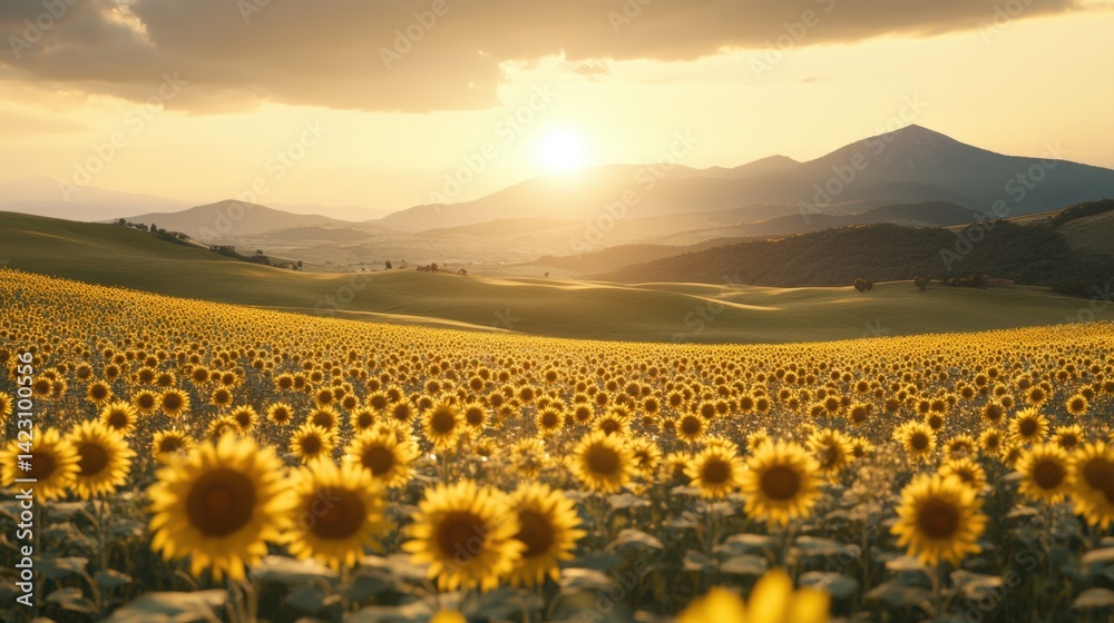 Fototapeta premium Lush field of sunflowers stretching to the horizon under a beautiful sky captured in an impressionist style painting of nature