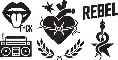 Rebellious Symbol Silhouette Vector Set with Heart Snake Icons in Black Minimal Style