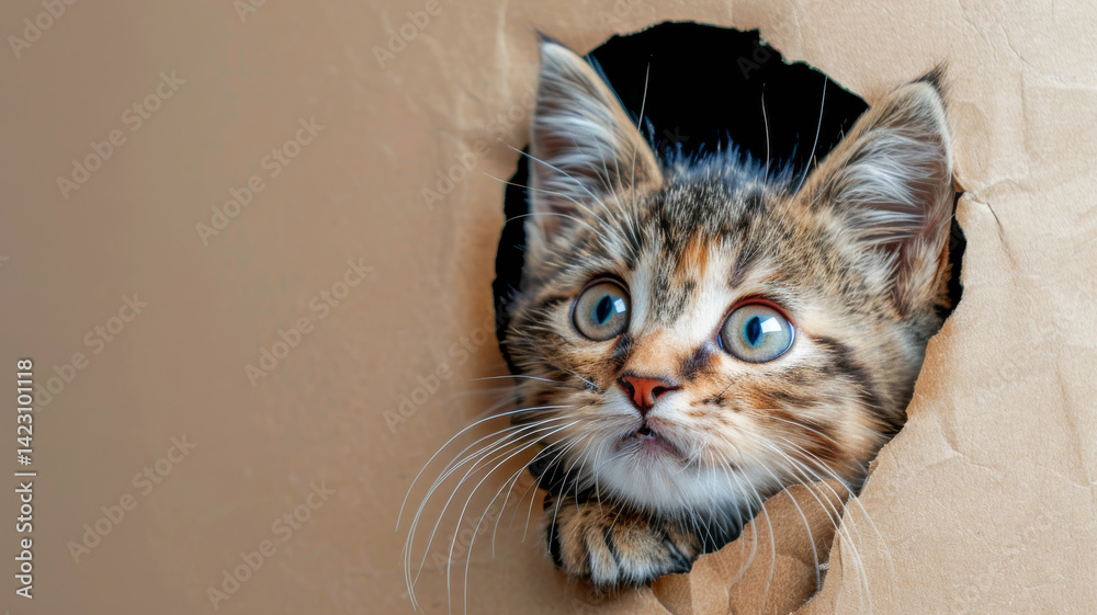 A Kitten Peeking through a Paper Wall