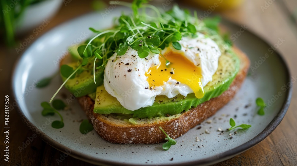 Poached egg, avocado, and microgreens on toasted bread. Poached egg, avocado, and microgreens on toasted bread.