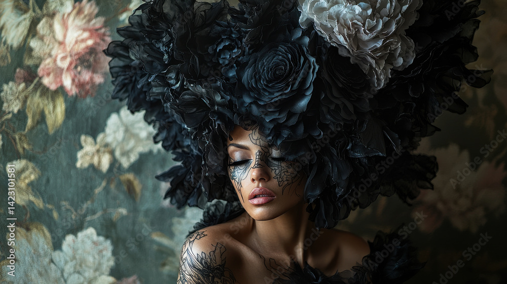 A captivating portrait features living floral tattoos blooming