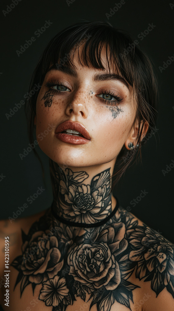 A captivating portrait features living floral tattoos blooming