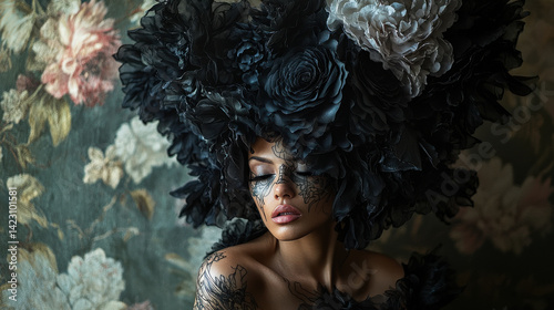 Obraz na płótnie A captivating portrait features living floral tattoos blooming w salonie