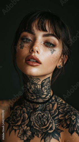 Obraz na płótnie A captivating portrait features living floral tattoos blooming w salonie