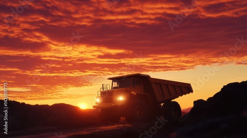 Sunset silhouette mining truck