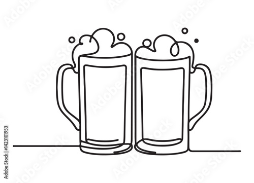 Two Beer Mugs Cheers One Line Drawing Celebrate Festivity Vector