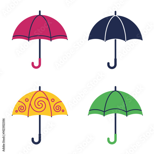 Creative colorful umbrella illustration 4 set design with fun graphic elements for children outdoor activities monsoon season safety and modern weather related vector artwork

