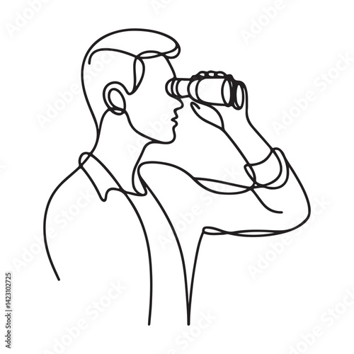 Single Line Art Silhouette Man Looking Through Binoculars Vector