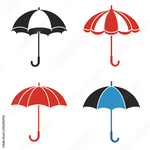 Vector colorful umbrella illustration 4 set design with flat modern shapes suitable for monsoon season clipart rain safety travel weather app icon and seasonal illustration concepts

