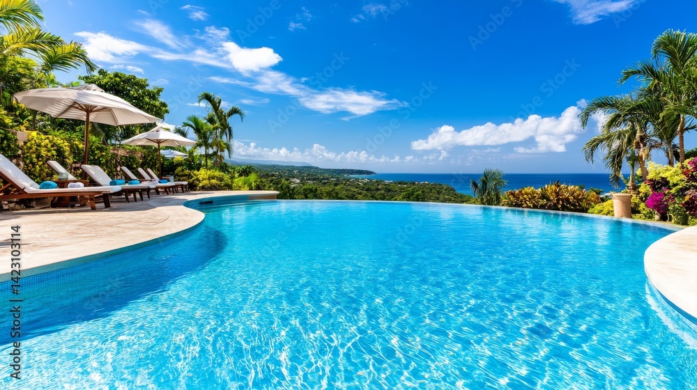 Fototapeta premium Clear blue water in a modern pool with palm trees. A serene pool surrounded by lush tropical beauty