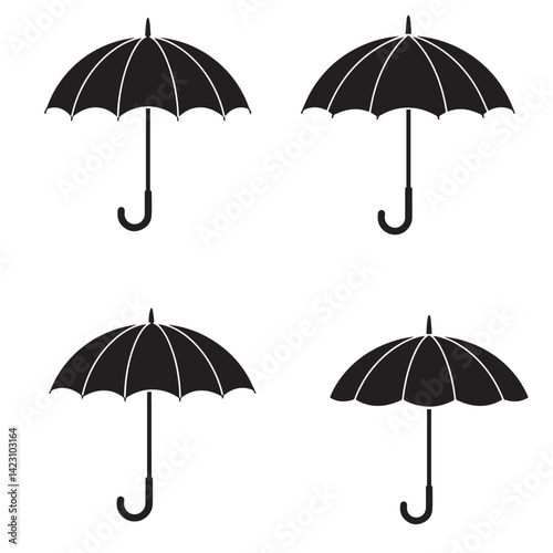 Umbrella silhouette illustration 4 set design showing minimal rainy day symbols great for forecast illustrations mobile UI weather content visual identity and seasonal vector decorations
