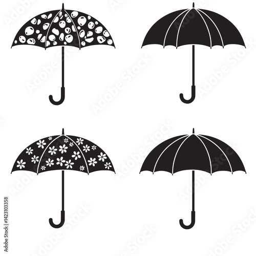 Modern umbrella silhouette illustration 4 set design with clean graphic style ideal for weather symbol design black vector icons rain protection graphics and monsoon season artwork