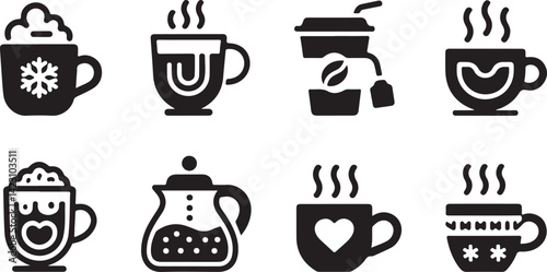 Coffee Cup Silhouette Vector Collection with Teapot Mug Icons in Black Minimal Style