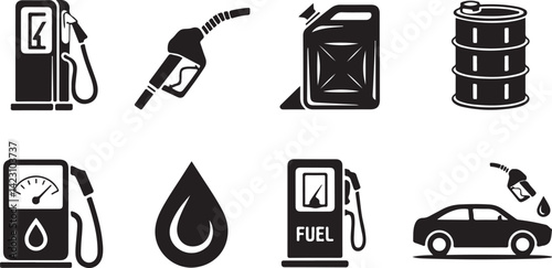 Fuel Silhouette Vector Set with Gas Pump Oil Can Icons in Black Minimal Energy Style