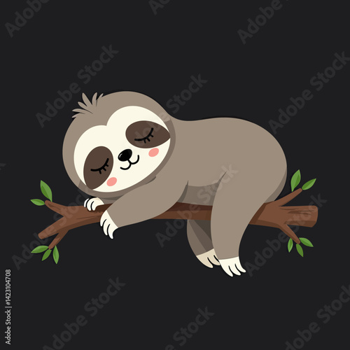 Cartoon Sloth Napping on Tree Branch Vector: Use this illustration for children’s educational materials, nature-themed posters, or relaxation campaigns. Perfect for designs requiring a peaceful and ca