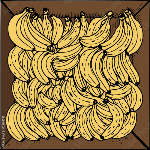 A detailed illustration of a box filled with vibrant, ripe bananas stacked together, used in markets, groceries,and promoting natural, healthy food. Perfect for concepts of nutrition and fresh produce