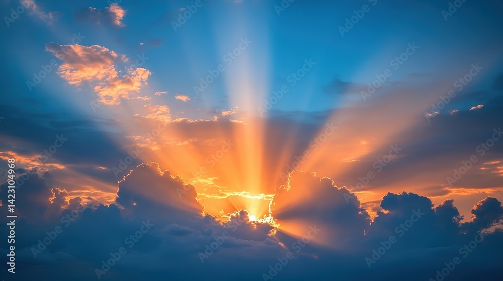 Fototapeta premium Radiant sunlight piercing through a colorful cloudy sky.