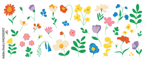 Collection of spring colorful flower elements vector. Set floral of wildflower, leaf branch, foliage on white background. Hand drawn blossom illustration for decor, easter, thanksgiving, clipart.