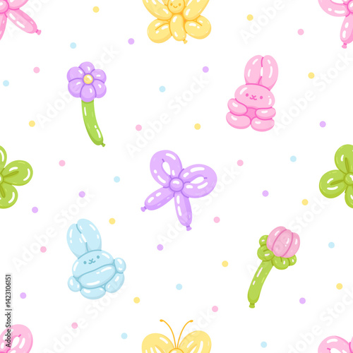 Colorfull seamless pattern with balloons rabbits, flowers, butterfly, clover plant, bow. Twisted helium latex balloons. Holiday party background. Spring fabric or wallpaper print design