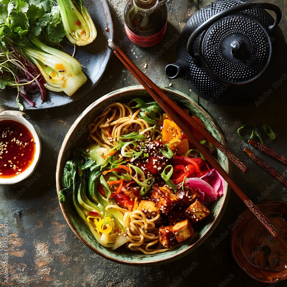 A bowl of food with chopsticks and a bottle of sauce next to it