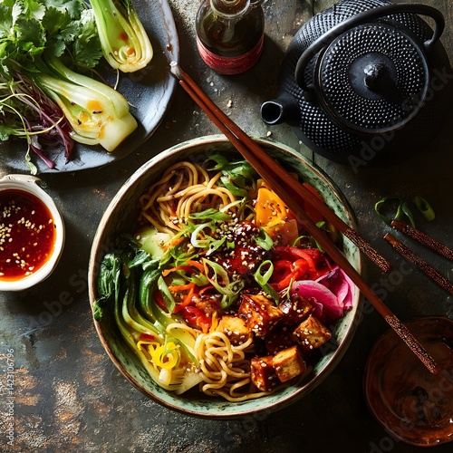 Obraz na płótnie A bowl of food with chopsticks and a bottle of sauce next to it w salonie