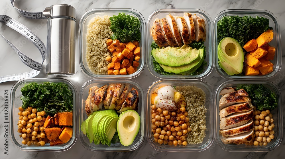 A row of six glass containers filled with healthy food, including chicken
