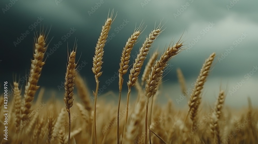 Fototapeta premium Golden wheat stalks stand tall against a stormy sky.