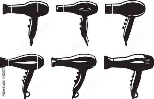 Hair Dryer Silhouette Vector Collection for Beauty Salon Styling Icons in Black Minimal Style