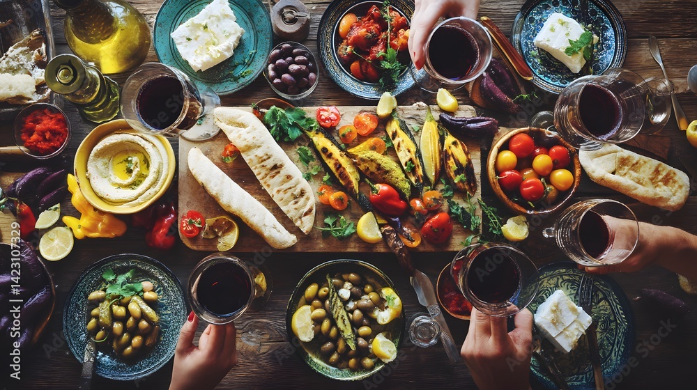 A table full of food and drinks with people enjoying it