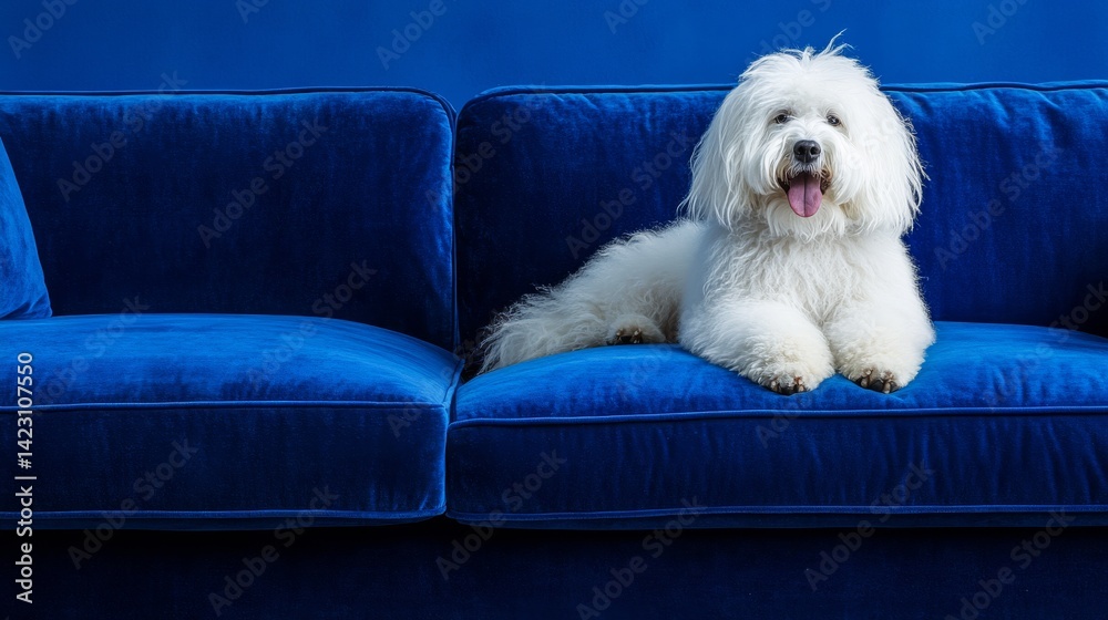 Happy old English sheepdog relaxing on a blue sofa. Happy old English sheepdog relaxing on a blue sofa.