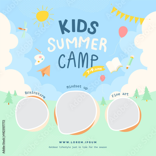 Bright and cheerful kids summer camp poster with blue sky theme. Features fun icons for creativity, outdoor learning, and mindset building. Great for school or summer event use.