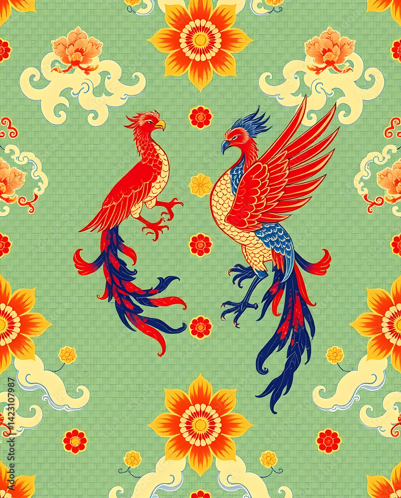 Naklejka premium Ancient Chinese silk pattern with phoenix and cloud bands, seamless pattern.
