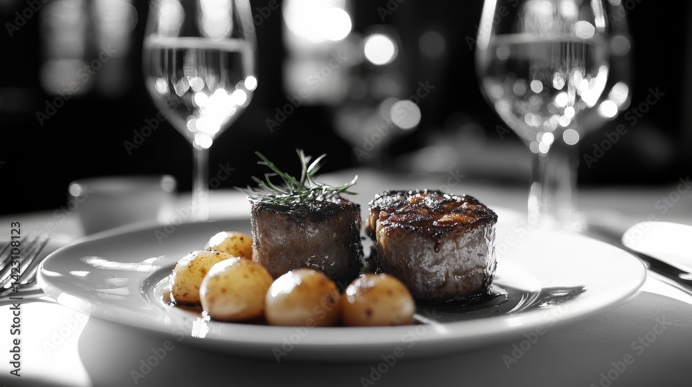 Elegant gourmet dish featuring seared steak and baby potatoes in upscale dining setting Elegant gourmet dish featuring seared steak and baby potatoes in upscale dining setting
