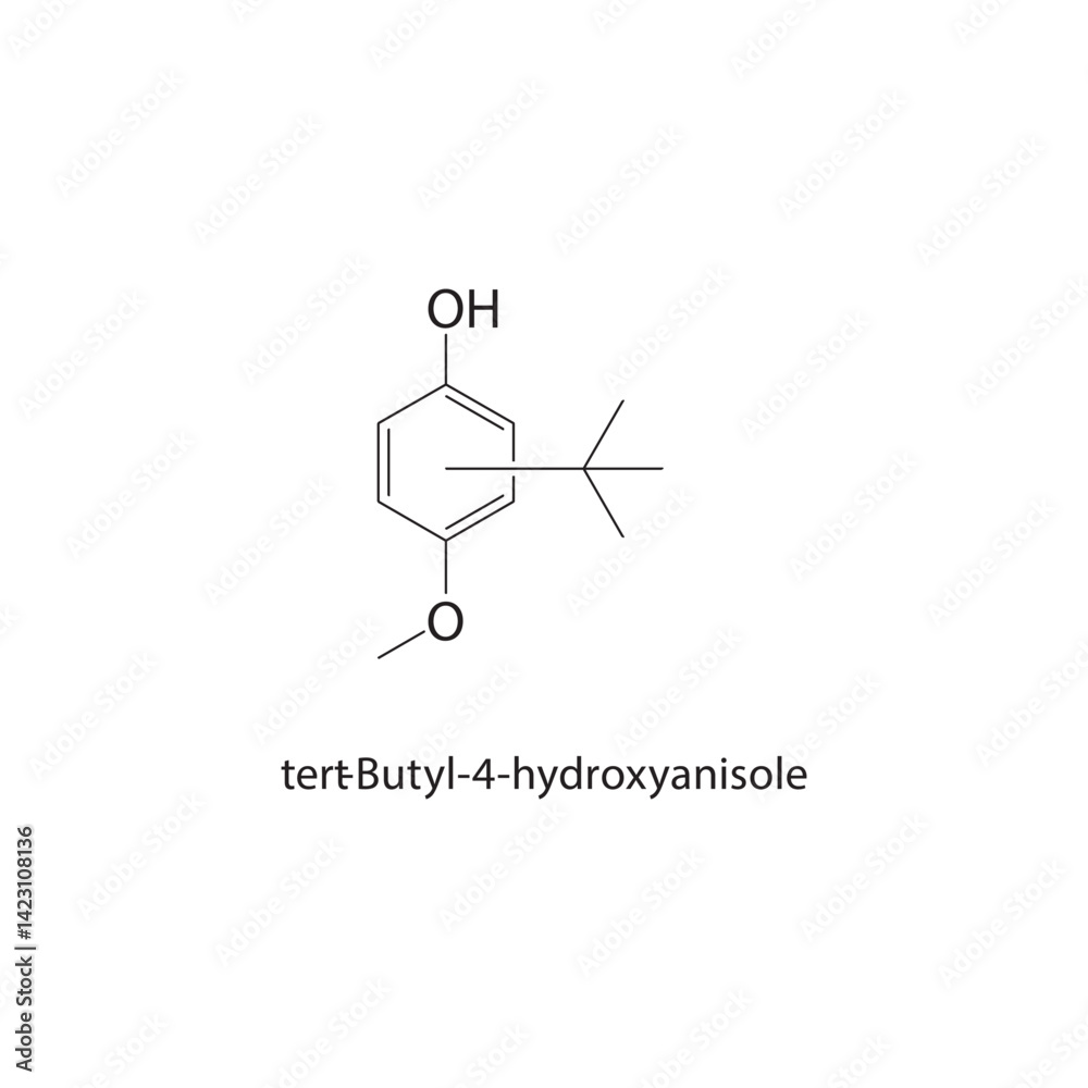Fototapeta premium tert-Butyl-4-hydroxyanisole skeletal structure. Phenol ether antioxidant compound schematic illustration. Simple diagram, chemical formula.