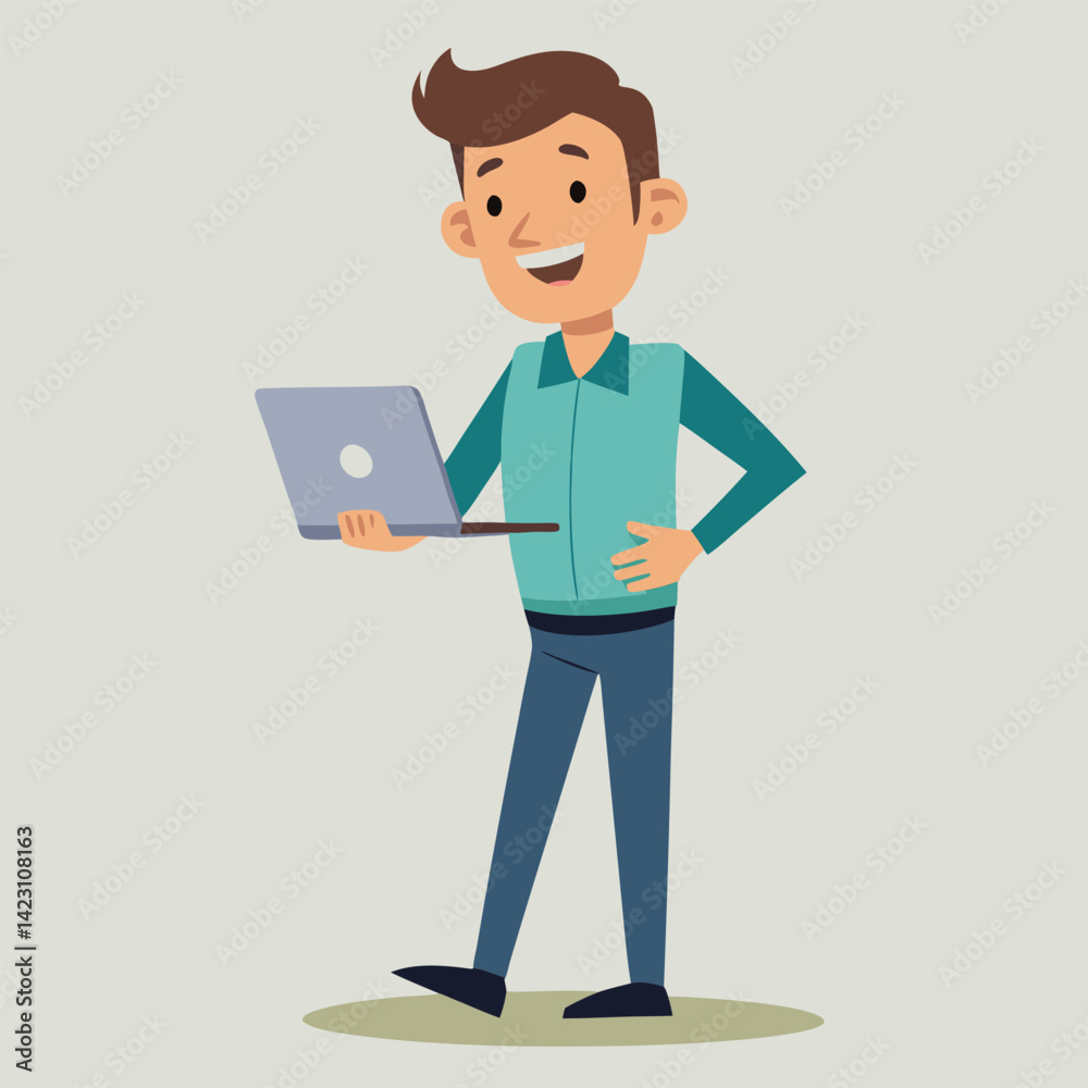 Young Man Using Laptop Concept Vector Illustration Young Man Using Laptop Concept Vector Illustration