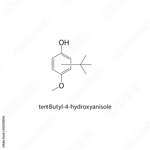 tert-Butyl-4-hydroxyanisole skeletal structure. Phenol ether antioxidant compound schematic illustration. Simple diagram, chemical formula.