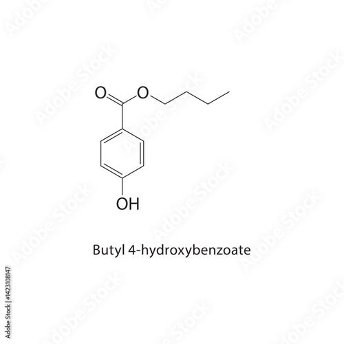 Butyl 4-hydroxybenzoate skeletal structure. Ester compound schematic illustration. Simple diagram, chemical formula.