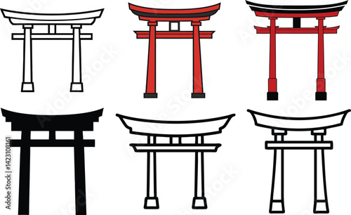 Torii Gate Icons Set – Shinto Japanese Religion Symbol Vector in Flat Outline Style

